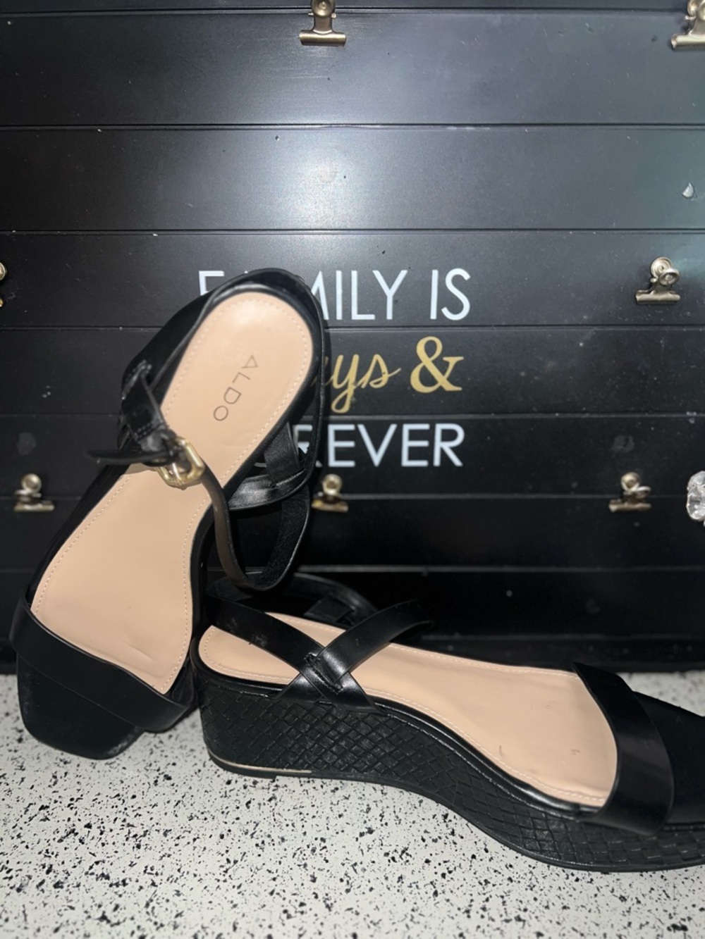 Aldo Black Wedge Sandals with Ankle Strap